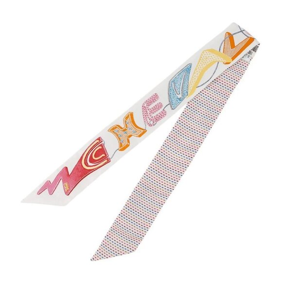 HERMES Twilly Chevaloscope Pointier Silk100% White/Rose/Vert - Picture 3 of 14